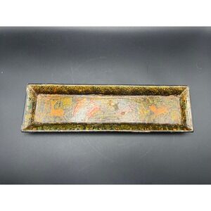Vintage Made in India Lacquerware Tray Deer Forest Scene‎ serving trinket tray